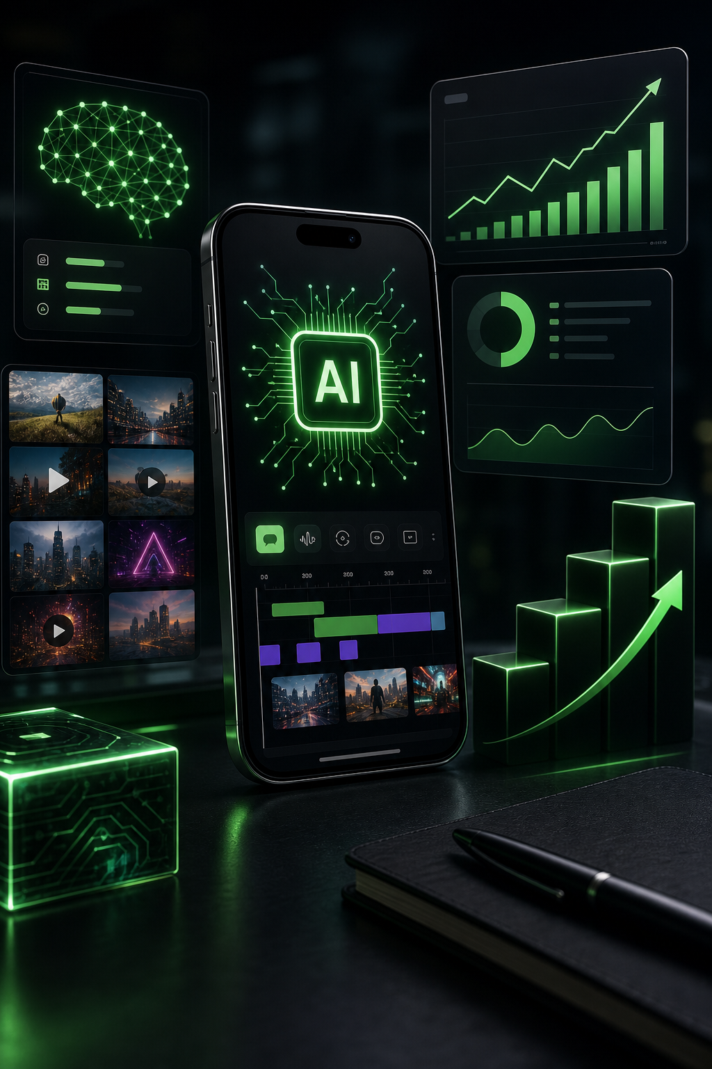 Smartphone showing AI content creation and online income analytics